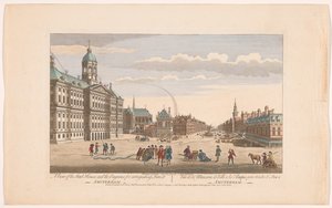 Utsikt over rådhuset i Amsterdam med brannmenn på Dam-plassen Utsikt over Stad-huset og motorene for å slukke brann ved Amsterdam (tittel på objekt) Holland (serietittel) av Robert Sayer