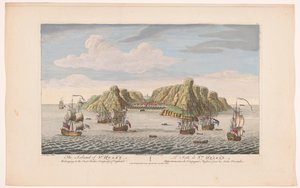 Utsikt over øya Saint Helena Øya St Helen. Tilhører East India Company of England (tittel på objekt) Oppgjør av VOC (serietittel) av Robert Sayer