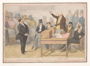 Spotprent over British Museum En parlamentarisk eksamen som berører visse kuriositeter i British Museum (tittel på objekt) Månedsark med karikaturer nr. 41. (tittel på objekt) av Robert Seymour (possibly)