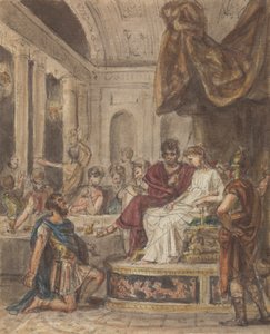 Bankettscene, med en romersk soldat som kneler til en kjent figur som sitter på en trone av Robert Smirke