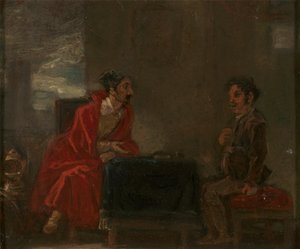 Illustrasjon for Don Quijote, to figurer ved et bord av Robert Smirke