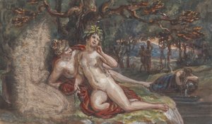 Skogkledd scene med et par som legger seg under et tre, ved en bekk av Robert Smirke
