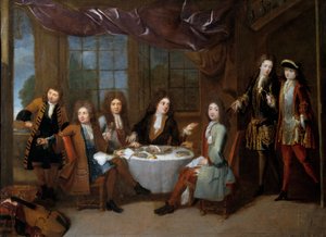 Skinke frokost. Menn fra adelen som deler en kjøttpåleggsmiddag. Maleri av Robert Levrac Tournieres (1667-1752)