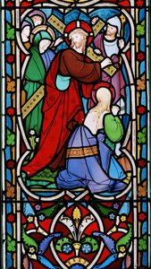 Kristus bærer korset og Maria Magdalena, ca. 1865 (farget glass)