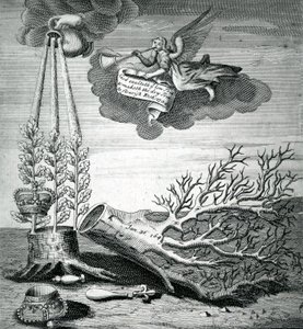 Emblematisk trykk som refererer til henrettelsen av Charles I og Stuart-følgen, 1715