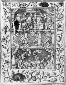 Store alkymister inspirerer til arbeid i laboratoriet fra Theatrum Chemicum Britannicum, 1652