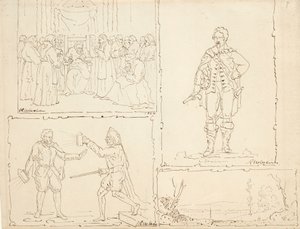 Fire skisser, 1824 (penn og brunt blekk på brunfarget papir) av Robert Walter Weir