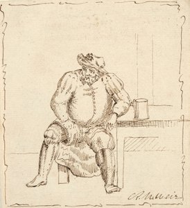 Skisse av sittende mann med krus, muligens Falstaff