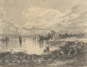Utsikt over innsjøen og fjellene med figurer av Robert Walter Weir