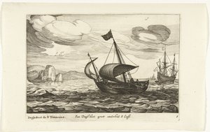 Dogger av hundestøvel En Dogh-boot groot om 8 Last / Dogh-Boot de 8 Tonneaux (tittel på objekt) Hollandse scheepstypen, 1627 (serietittel) Forskjellige skip Don ton se sert dans les Unies-provinsene / Ikoner for forskjellige nederlandske skip hvis bruk er 