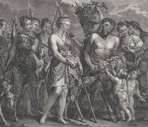 Diana kommer tilbake fra jakten, akkompagnert av hunder og nymfene hennes til venstre, to satyrer..., ca. 1808 av Robert de Launay