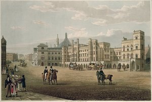 Utsikt over House of Lords and Commons, fra Old Palace Yard, pub. 1821 av Colnaghi und Co. (akvatint)