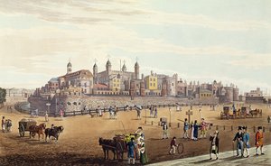 Utsikt over Tower of London og mynten, pub. av Colnaghi und Co, 1821 (farget aquaint)