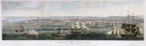 Panoramautsikt over New York, fra East River, pub. 1844 (farge litho)