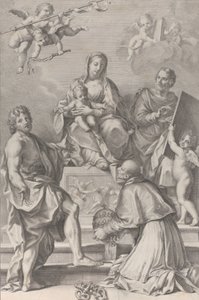 Madonna og barnet i sentrum med døperen Johannes, Lukas, pave Peter Celestini,..., 1694.