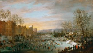 Patinage sur les douves Gelees de Bruxelles - Skøyter i bygraven i Brussel, av Hoecke, Robert van den (1622-1668). olje på tre