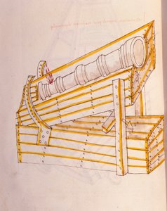 Krigskunst: studie på militærmaskineri. Canon poserer på klokken, med et system for å løfte den, illustrasjon fra 