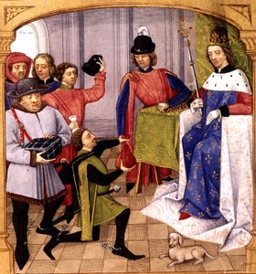 Fransk slektning Philip V (1293-1322) mottar skatt, belysning av Robinet Testard fra "Grandes Chroniques de France" 1471