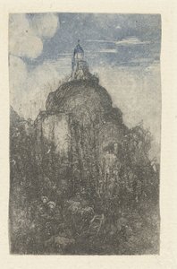 Bygger på en stein og hviler gjetere med sauer ved foten av berget Le Phare Chapelle alpestre av Rodolphe Bresdin