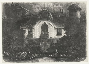 Hus med tårn bak et gjerde og gjeterinne med storfe La maison enchantee av Rodolphe Bresdin
