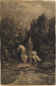 Orientalsk rytter i et øde fjelllandskap av Rodolphe Bresdin