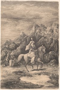 Orientalsk hestekvinne i et øde fjelllandskap av Rodolphe Bresdin