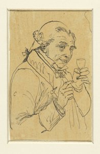 Alter Herr im 18. Jahrhundert Kostüm, in der linken Hand ein Glas Wein erhebend