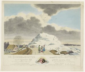 Iskrem i Ochten, 1789 Isfjellet ved Ochten i Nedre Betuwe; på og mot diket pudret 24. jan. 1789 (tittel på objekt) av Roeland van Eynden