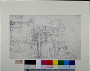 Stråtakboliger, delvis i ruiner, i en fjellside (penn og blekk med kritt på papir) av Roelandt Jacobsz. Savery