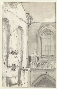 Utsikt over transeptet til Nieuwe Kerk, Amsterdam, etter brannen i 1645 av Roelant Roghman (attributed to)