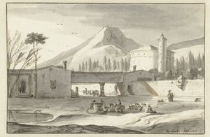 Fjellrikt, italiensk landskap med en rotundekirke av Roelant Roghman