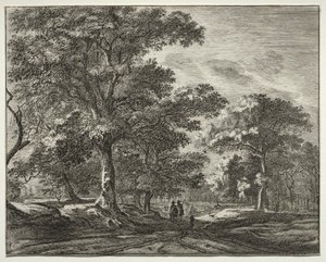 Seks utsikter i skogen i Haag: Plate 1, to menn foran en jeger