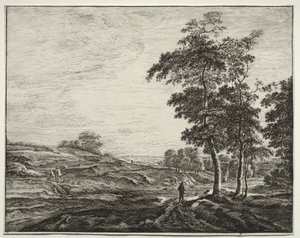 Seks utsikter i skogen i Haag: Plate 3, bonde sett fra baksiden av Roelant Roghman