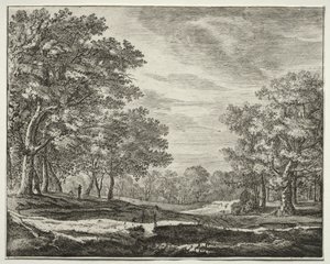 Seks utsikter i skogen i Haag: Plate 5, En mann med en stav i hånden av Roelant Roghman