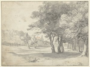 Utsikt i Haagse Bos, med Grote Kerk, Haag, i det fjerne av Roelant Roghman