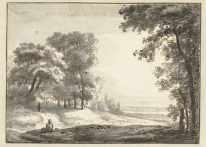 Skoglandskap med en hvilende reisende av Roelant Roghman