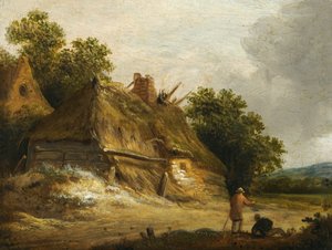 To skikkelser som passerer langs veien før en hytte av Roelof Jansz van Vries