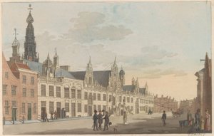 Breestraat i Leiden, ca. 1825 Utsikt over Breestraat og rådhuset i Leyden / Vue Sur la rue dite Breestraat et l