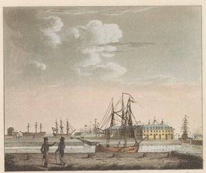 Rijkswerf Willemsoord, ca. 1825 Utsikt over Willemsoord på det klare - nær Nieuwendiep, og inngangen til den store Noord-Hollandsch-kanalen / Vue de Willemsoord au clear prês du Nieuwendiep, et L