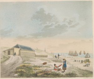 Stranden ved Scheveningen, ca. 1825 Utsikt over stranden og sanddynene ved Scheveningen og Presentasjon av badehuset til Mr. Pronk / Vue du rivage et des dunes a Scheveninge et representation des Bains appartement à mons.r Pronk (tittel på objekt)