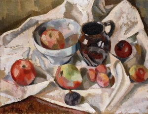 Stilleben med epler, plommer og en kanne, 1919