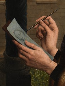 Detalj av Saint Luke tegner jomfruens portrett (olje på panel)