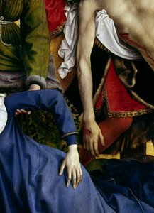 Avsetning eller nedstigning av korset. Detalj av hånden til den forsvunne jomfruen og Kristi hånd. Rogier altertavle (Roger) Van Der Weyden (1400-1464) 1435 Dim. 2,20 x 0,35 m Madrid, Prado-museet