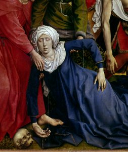 Avsetning eller nedstigning av korset. Detalj av den forsvunne jomfruen. Rogier altertavle (Roger) Van Der Weyden (1400-1464) 1435 Dim. 2,20 x 0,35 m Madrid, Musee du Prado - Avsetningen eller nedstigningen fra korset. Detalj av jomfruen som besvimer. Alte av Rogier van der Weyden