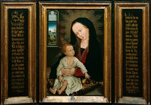 Salve Regina (Salve, O Queen, katolsk bønn), representasjon av jomfruen og barnet som holder en pære (olje på tre) av Rogier van der Weyden