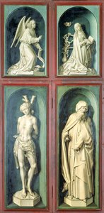 Bebudelsen, St. Sebastian, St. Anthony den store og de to giverne, paneler fra baksiden av den siste dommen, ca. 1445-50 (olje på panel) av Rogier van der Weyden