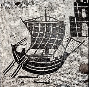 Et skip i havnen i Ostia (mosaikk av Roman