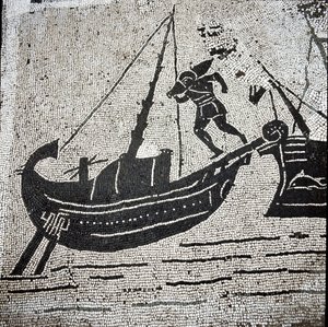 Et skip fra Cagliari som returnerer til havnen i Ostia (mosaikk av Roman