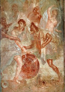 Akilles, forkledning hos kvinner, er anerkjent av Ulysses blant døtrene til Lycomede en Scyros-freskomaleri fra Pompei. 1. århundre e.Kr. Dim. 145,5x137,5 cm Napoli, nasjonalt arkeologisk museum - romersk kunst. Voldelig kamp mellom folket i Pompeii og Noc av Roman