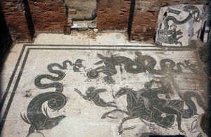 Gamle Ostia (Ostia). Place des Corporations. Mosaikk av Sabratha Seafarers Corporation. Neptuns bad. av Roman